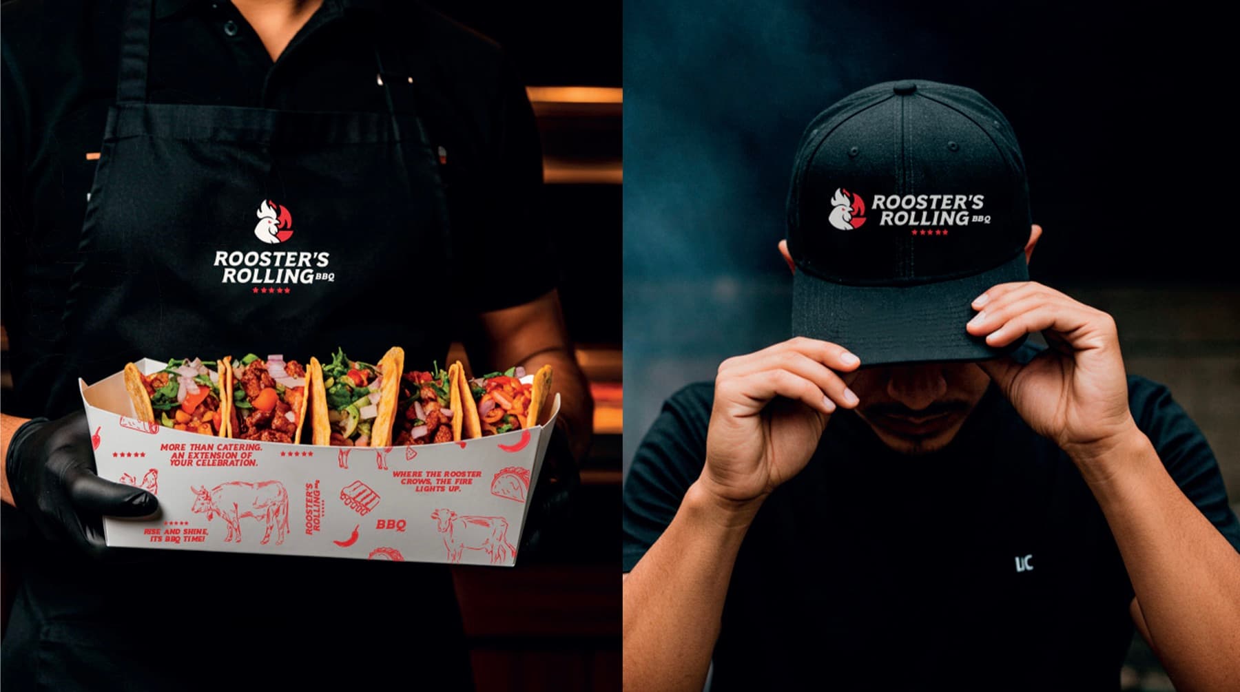 Roosters Rolling BBQ rebrand — branded apron, taco packaging, and cap