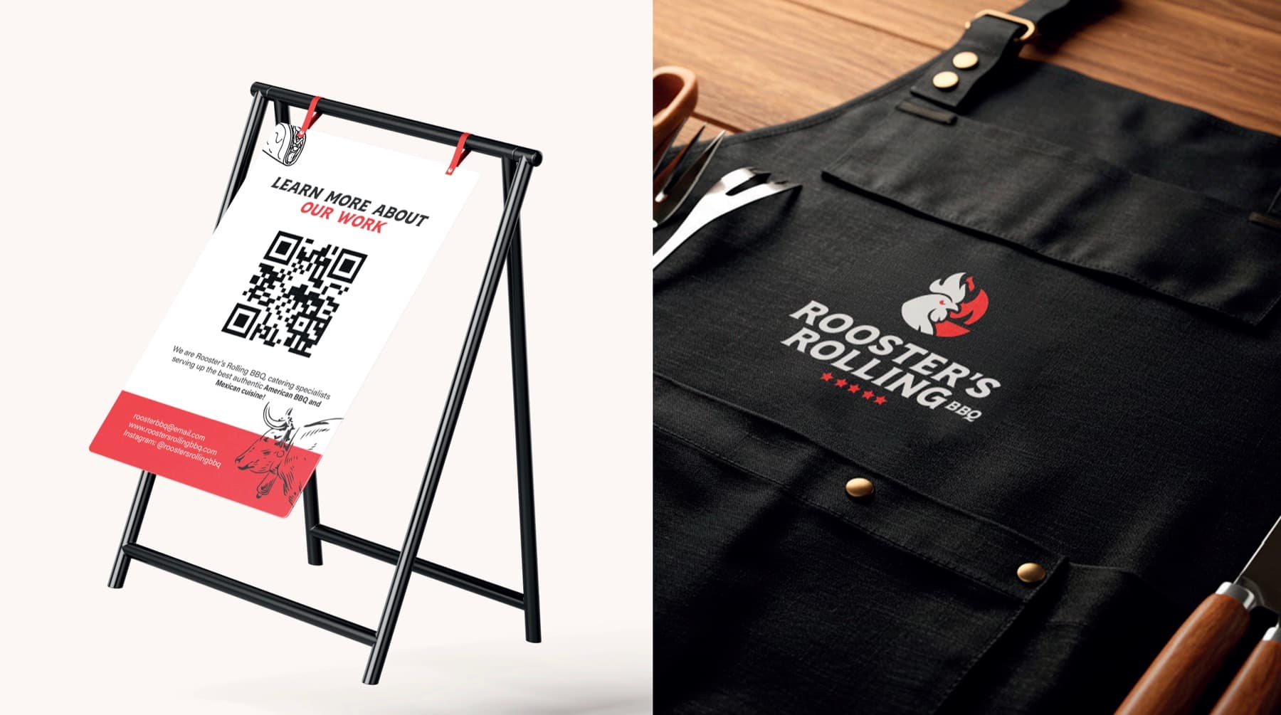 Roosters Rolling BBQ A-frame sign and branded apron
